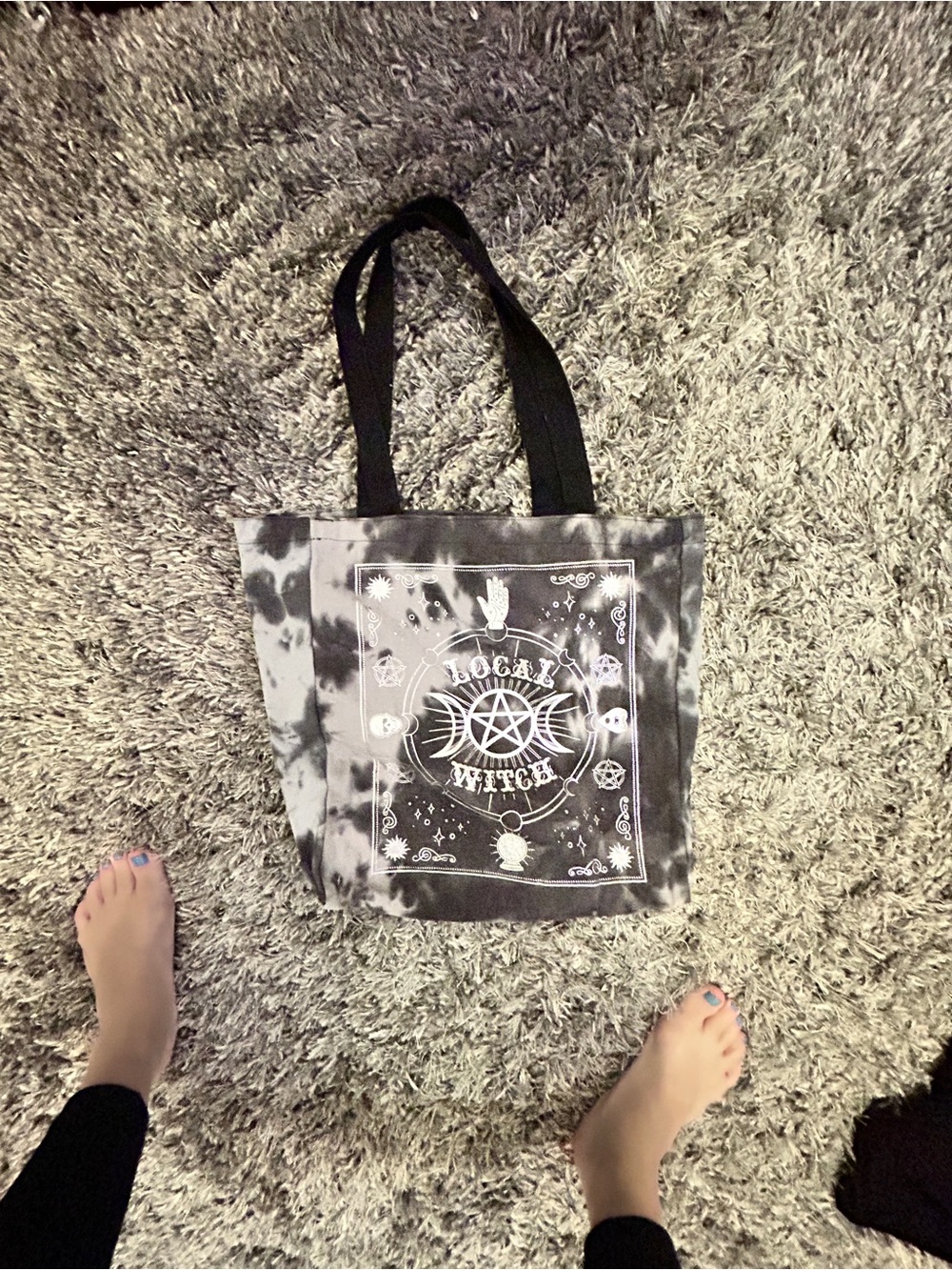 Black & White Tie-Dye Witch Graphic Tote Bag